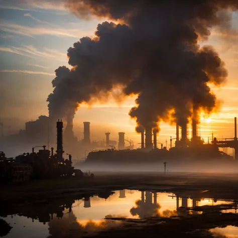 RAW photo, (epic landscape), masterpiece, ((dieselpunk)), futuristic factory, postapocalyptic, smoke, best quality, dynamic pos, ultra detailed, reflective puddles, metal plates, rust, full body, fluid movement, light trail, dramatic lighting, red tone,  short_hair, Photorealistic, Hyperrealistic, Hyperdetailed, analog style, detailed skin, matte skin, soft lighting, subsurface scattering, realistic, heavy shadow, masterpiece, best quality, ultra realistic, 8k, High Detail, film photography, soft focus,