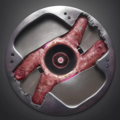 never before seen art style, a backwards circle, (silver and pink cloth metallic), doing everything, can see the viewer, ((flesh circuitry)), (((the most interesting object ever created)))