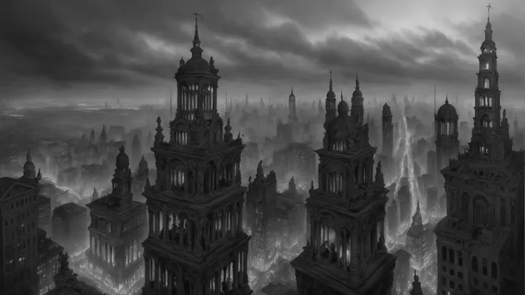 charcoal on canvas, greyscale, masterpiece, best quality, Bekzinski style, ultra details, charcoal drawing of Dis, the capital of hell, viewed from an ornate stone balcony, cavernous demonic city of lifeless skyscrapers and eternal night, dark theme, buildings carved into cliffside