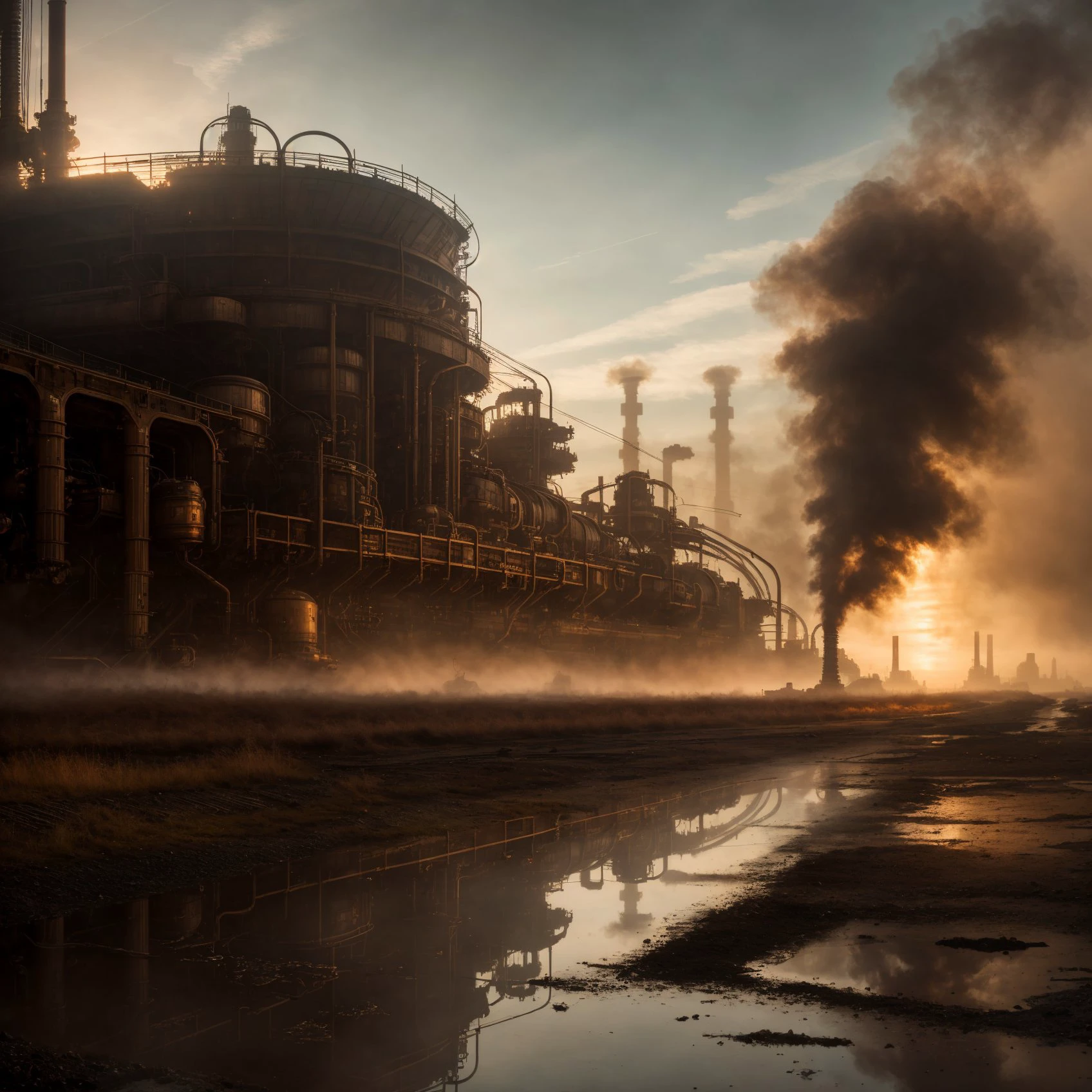 RAW photo, (epic landscape), masterpiece, ((dieselpunk)), futuristic factory, postapocalyptic, smoke, best quality, dynamic pos, ultra detailed, reflective puddles, metal plates, rust, full body, fluid movement, light trail, dramatic lighting, red tone, short_hair, Photorealistic, Hyperrealistic, Hyperdetailed, analog style, detailed skin, matte skin, soft lighting, subsurface scattering, realistic, heavy shadow, masterpiece, best quality, ultra realistic, 8k, High Detail, film photography, soft focus,