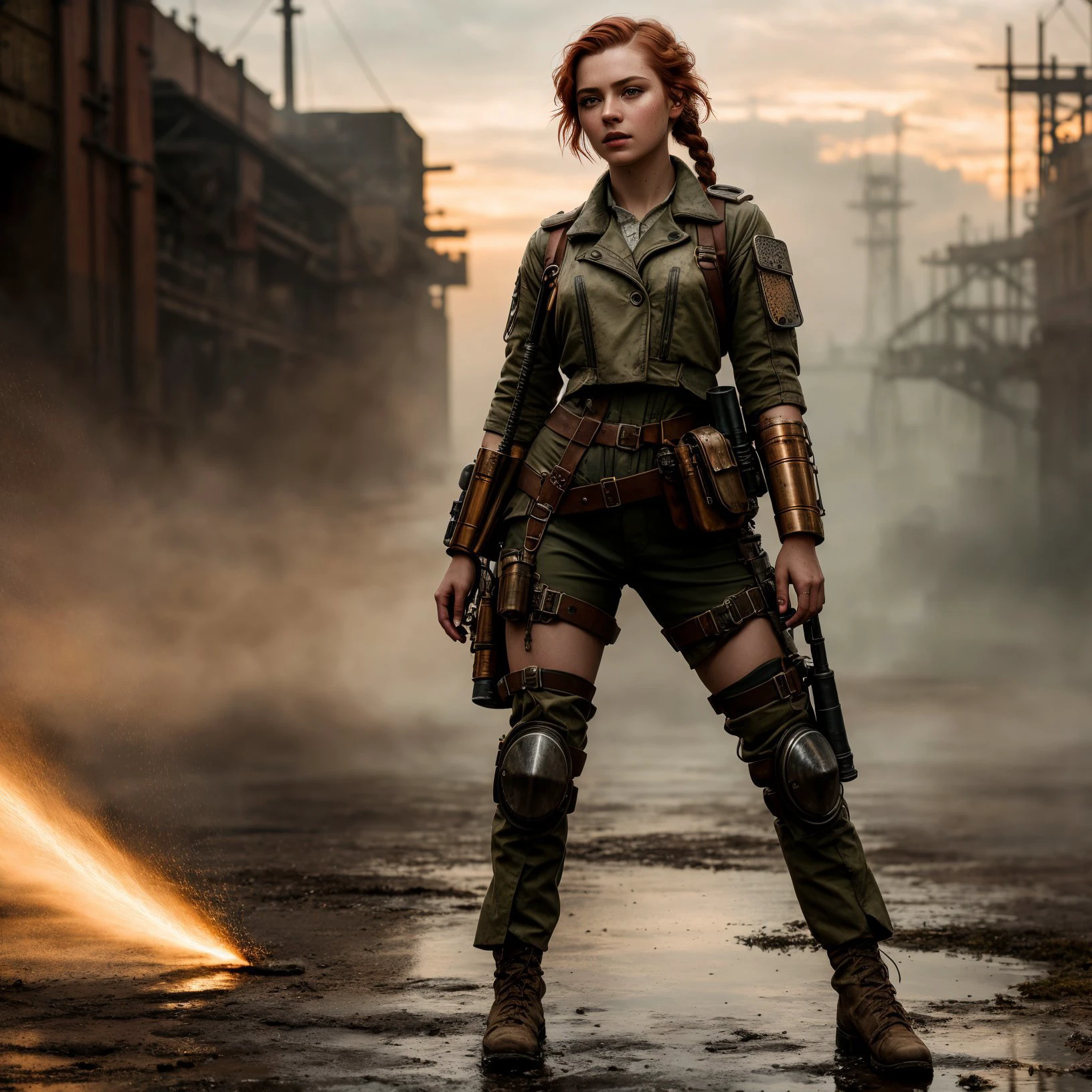 RAW photo, ung_woman, masterpiece, best quality, dynamic pos, ultra detailed, (dieselpunk), combat outfit, postapocalyptical, reflective puddles, metal plates, rust, full body, fluid movement, light trail, dramatic lighting, red tone, short_hair, braid, Photorealistic, Hyperrealistic, Hyperdetailed, analog style, detailed skin, matte skin, soft lighting, subsurface scattering, realistic, heavy shadow, masterpiece, best quality, ultra realistic, 8k, High Detail, film photography, soft focus, fashion