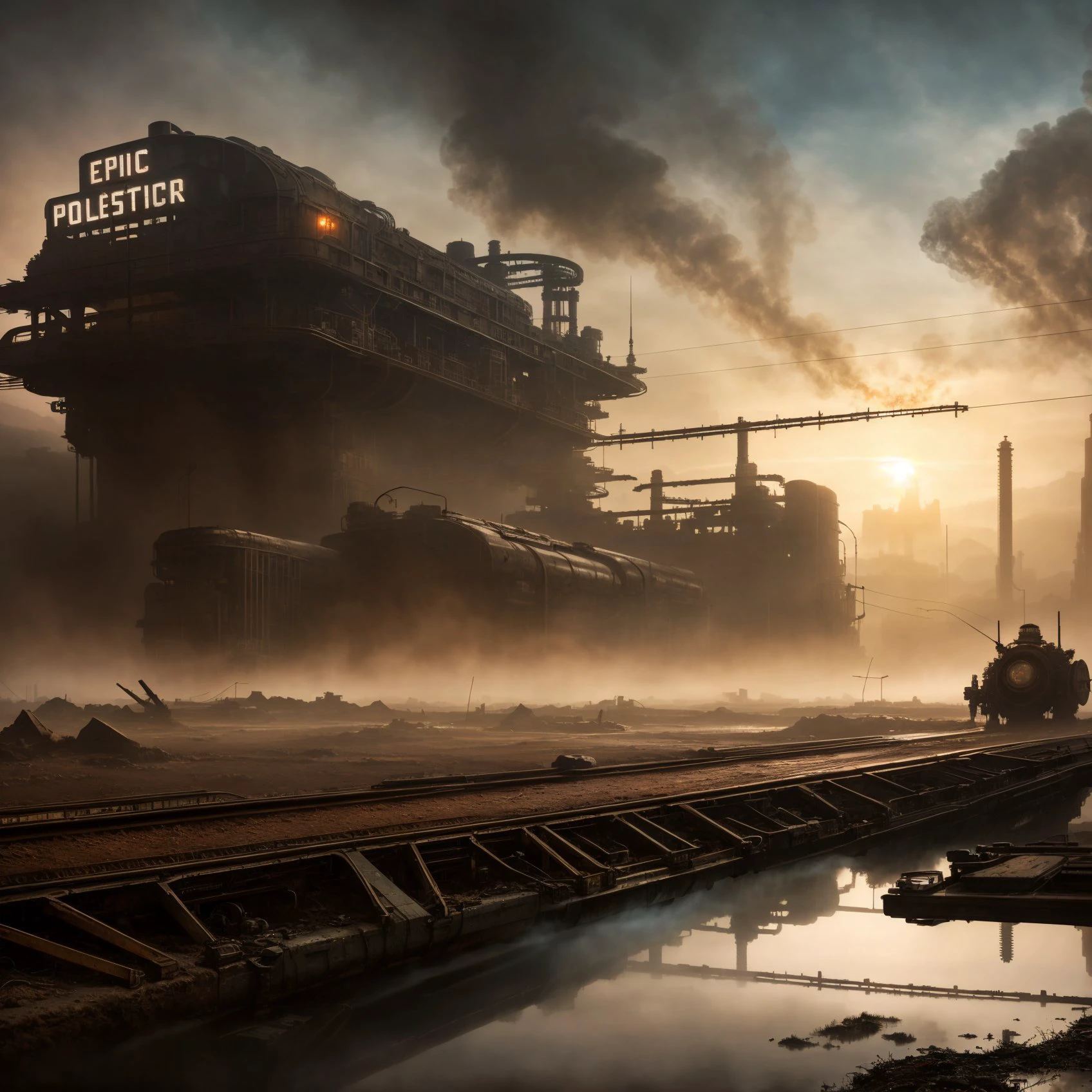 RAW photo, (epic landscape), masterpiece, ((dieselpunk)), futuristic factory, postapocalyptic, smoke, best quality, dynamic pos, ultra detailed, reflective puddles, metal plates, rust, full body, fluid movement, light trail, dramatic lighting, red tone, short_hair, Photorealistic, Hyperrealistic, Hyperdetailed, analog style, detailed skin, matte skin, soft lighting, subsurface scattering, realistic, heavy shadow, masterpiece, best quality, ultra realistic, 8k, High Detail, film photography, soft focus,