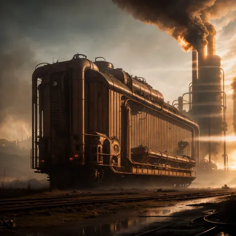 RAW photo, (epic landscape), masterpiece, ((dieselpunk)), futuristic factory, postapocalyptic, smoke, best quality, dynamic pos, ultra detailed, reflective puddles, metal plates, rust, full body, fluid movement, light trail, dramatic lighting, red tone,  short_hair, Photorealistic, Hyperrealistic, Hyperdetailed, analog style, detailed skin, matte skin, soft lighting, subsurface scattering, realistic, heavy shadow, masterpiece, best quality, ultra realistic, 8k, High Detail, film photography, soft focus,