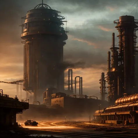 RAW photo, (epic landscape), masterpiece, ((dieselpunk)), futuristic factory, postapocalyptic, smoke, best quality, dynamic pos, ultra detailed, reflective puddles, metal plates, rust, full body, fluid movement, light trail, dramatic lighting, red tone,  short_hair, Photorealistic, Hyperrealistic, Hyperdetailed, analog style, detailed skin, matte skin, soft lighting, subsurface scattering, realistic, heavy shadow, masterpiece, best quality, ultra realistic, 8k, High Detail, film photography, soft focus,