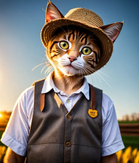 a cat, ((farmer outfit)), epic scene, dynamic camera, backlight, (close up:1.2), high quality photography, 3 point lighting, flash with softbox, 4k, Canon EOS R3, hdr, smooth, sharp focus, high resolution, award winning photo, 80mm, f2.8, bokeh