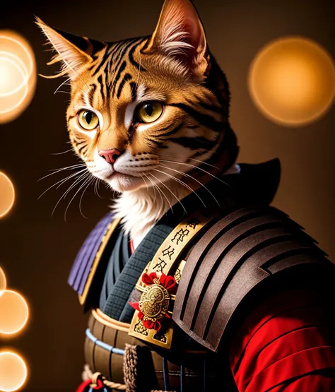 a cat, ((samurai outfit)), epic scene, dynamic camera, backlight, (close up:1.2), high quality photography, 3 point lighting, flash with softbox, 4k, Canon EOS R3, hdr, smooth, sharp focus, high resolution, award winning photo, 80mm, f2.8, bokeh