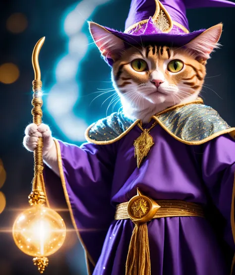 a cat, ((wizard outfit)), epic scene, dynamic camera, backlight, (close up:1.2), high quality photography, 3 point lighting, flash with softbox, 4k, Canon EOS R3, hdr, smooth, sharp focus, high resolution, award winning photo, 80mm, f2.8, bokeh