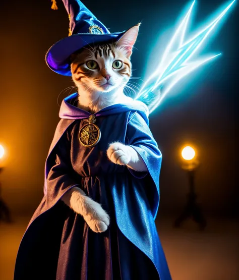 a cat, ((wizard outfit)), epic scene, dynamic camera, backlight, (close up:1.2), high quality photography, 3 point lighting, flash with softbox, 4k, Canon EOS R3, hdr, smooth, sharp focus, high resolution, award winning photo, 80mm, f2.8, bokeh