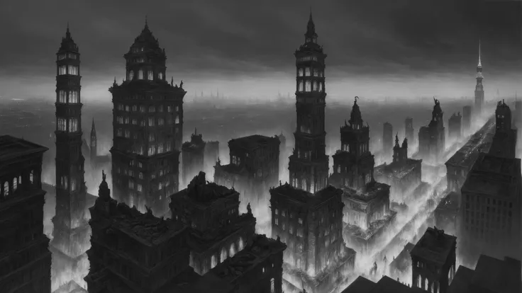 charcoal on canvas, greyscale, masterpiece, best quality, Bekzinski style, ultra details, charcoal drawing of Dis, the capital of hell, viewed from an ornate stone balcony, cavernous demonic city of lifeless skyscrapers and eternal night, dark theme, buildings carved into cliffside