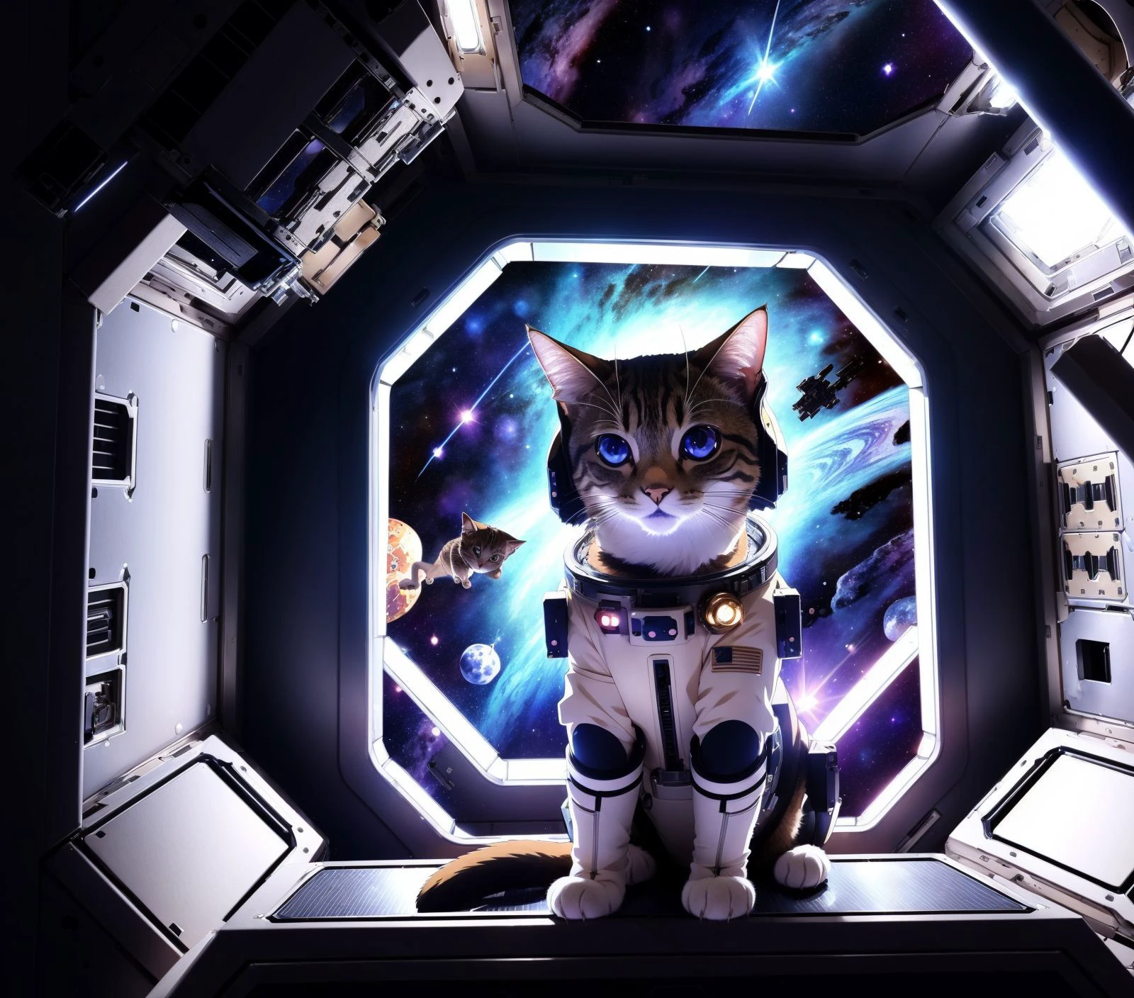 ((anime art style:1.3)), A cute cat, space suit, dramatic lighting, dynamic pose, dynamic camera,masterpiece, best quality, dark shadows, ((inside space station))