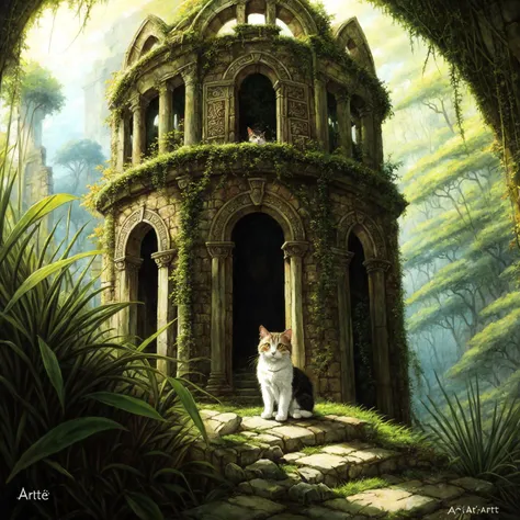 (anime_art:1.3), drawing, a cat, (adventurer outfit), lush_jungle, epic ruins, amazing details, amazing quality, masterpiece, (close up)