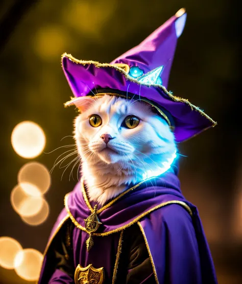 a cat, ((wizard outfit)), epic scene, dynamic camera, backlight, (close up:1.2), high quality photography, 3 point lighting, flash with softbox, 4k, Canon EOS R3, hdr, smooth, sharp focus, high resolution, award winning photo, 80mm, f2.8, bokeh