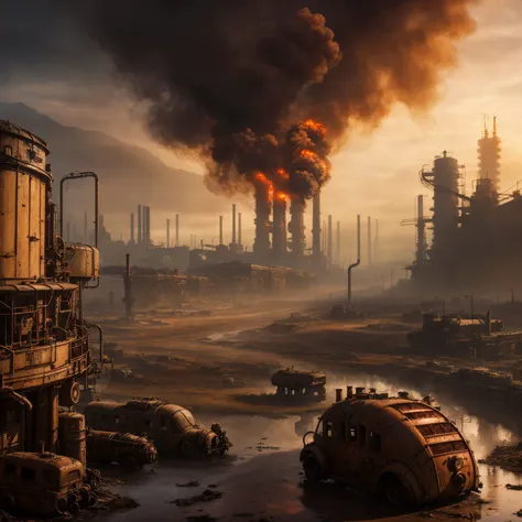 RAW photo, (epic landscape), masterpiece, ((dieselpunk)), futuristic factory, postapocalyptic, smoke, best quality, dynamic pos, ultra detailed, reflective puddles, metal plates, rust, full body, fluid movement, light trail, dramatic lighting, red tone, short_hair, Photorealistic, Hyperrealistic, Hyperdetailed, analog style, detailed skin, matte skin, soft lighting, subsurface scattering, realistic, heavy shadow, masterpiece, best quality, ultra realistic, 8k, High Detail, film photography, soft focus,