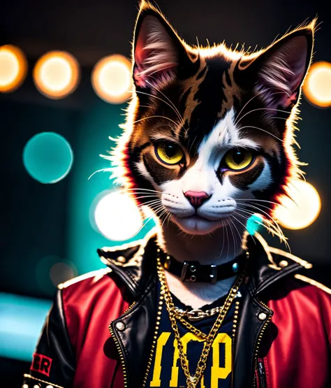 a cat, ((punk outfit)), epic scene, dynamic camera, backlight, (close up:1.2), high quality photography, 3 point lighting, flash with softbox, 4k, Canon EOS R3, hdr, smooth, sharp focus, high resolution, award winning photo, 80mm, f2.8, bokeh