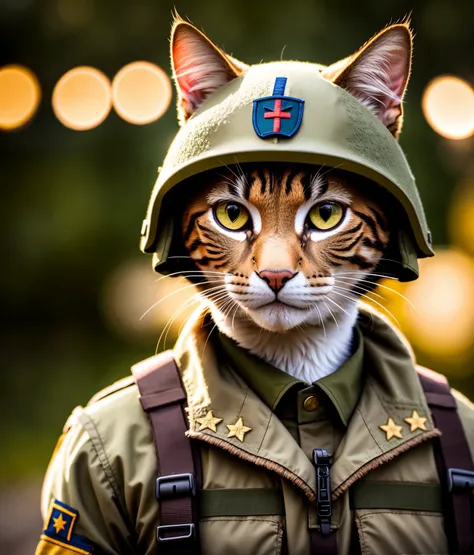 a cat, ((soldier outfit)), epic scene, dynamic camera, backlight, (close up:1.2), high quality photography, 3 point lighting, flash with softbox, 4k, Canon EOS R3, hdr, smooth, sharp focus, high resolution, award winning photo, 80mm, f2.8, bokeh