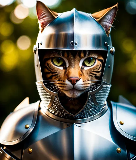 a cat, ((Knight outfit)), epic scene, dynamic camera, backlight, (close up:1.2), high quality photography, 3 point lighting, flash with softbox, 4k, Canon EOS R3, hdr, smooth, sharp focus, high resolution, award winning photo, 80mm, f2.8, bokeh