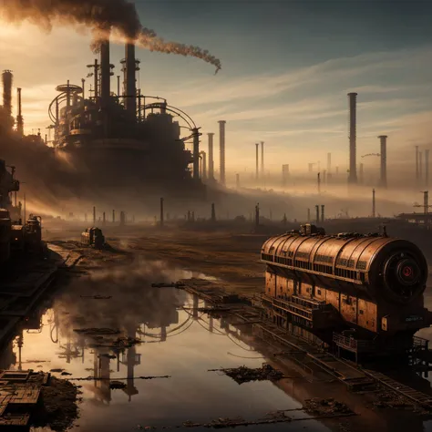 RAW photo, (epic landscape), masterpiece, ((dieselpunk)), futuristic factory, postapocalyptic, smoke, best quality, dynamic pos, ultra detailed, reflective puddles, metal plates, rust, full body, fluid movement, light trail, dramatic lighting, red tone, short_hair, Photorealistic, Hyperrealistic, Hyperdetailed, analog style, detailed skin, matte skin, soft lighting, subsurface scattering, realistic, heavy shadow, masterpiece, best quality, ultra realistic, 8k, High Detail, film photography, soft focus,