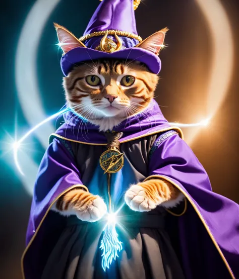 a cat, ((wizard outfit)), epic scene, dynamic camera, backlight, (close up:1.2), high quality photography, 3 point lighting, flash with softbox, 4k, Canon EOS R3, hdr, smooth, sharp focus, high resolution, award winning photo, 80mm, f2.8, bokeh