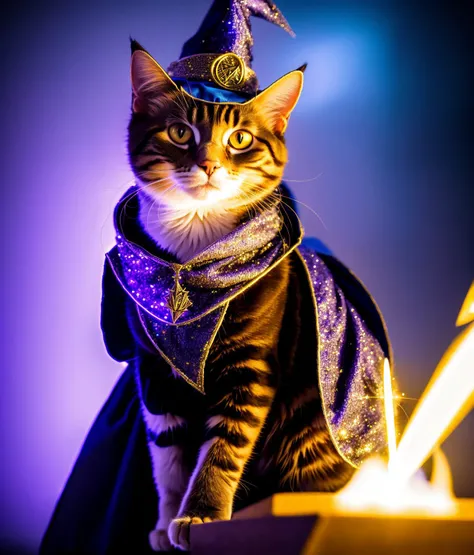 a cat, ((wizard outfit)), epic scene, dynamic camera, backlight, (close up:1.2), high quality photography, 3 point lighting, flash with softbox, 4k, Canon EOS R3, hdr, smooth, sharp focus, high resolution, award winning photo, 80mm, f2.8, bokeh