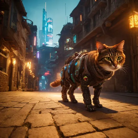 realistic photo of scifi cyberpunk cat robot, chasing prey in old castle, 4k, analog film grain, highly detailed, gears, mechanism, clockwork