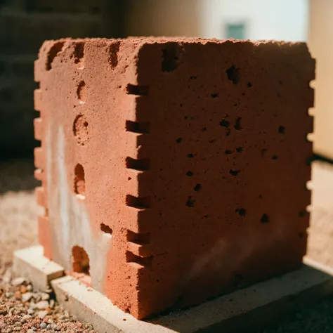 a red cinder block, shown in a museum,Photorealistic,Hyperrealistic,Hyperdetailed,analog style,soft lighting,subsurface scattering,realistic,heavy shadow,masterpiece,best quality,ultra realistic,8k,golden ratio,Intricate,High Detail,film photography,soft focus,RAW candid cinema,16mm,color graded portra 400 film,remarkable color,ultra realistic,