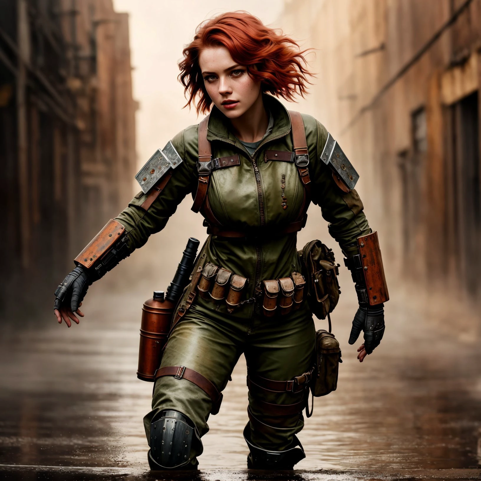 RAW photo, ung_woman, masterpiece, best quality, dynamic pos, ultra detailed, (dieselpunk), combat outfit, postapocalyptical, reflective puddles, metal plates, rust, full body, fluid movement, light trail, dramatic lighting, red tone, short_red_hair, Photorealistic, Hyperrealistic, Hyperdetailed, analog style, detailed skin, matte skin, soft lighting, subsurface scattering, realistic, heavy shadow, masterpiece, best quality, ultra realistic, 8k, High Detail, film photography, soft focus, fashion