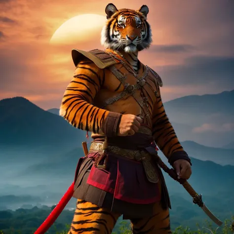 upper body photo of anthro tiger dressed as Japanese warrior, cinematic, 4k, preparing for final battle, 80s movie