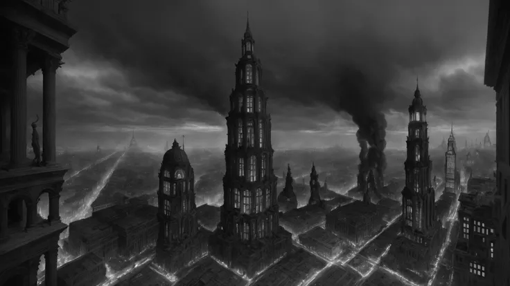 charcoal on canvas, greyscale, masterpiece, best quality, Bekzinski style, ultra details, charcoal drawing of Dis, the capital of hell, viewed from an ornate stone balcony, cavernous demonic city of lifeless skyscrapers and eternal night, dark theme, buildings carved into cliffside