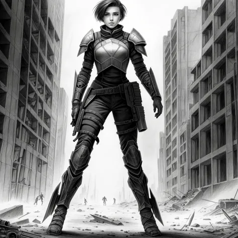 a young_woman, postapocalyptic armor, (in battle, war), short hair, (((full body:1.3))), (pencil drawing:1.3)
