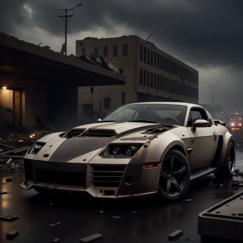 a photo of a dieselpunk sports car, 3/4 front view, survival, post-apocalyptic, cyberpunk, outdoors, night, destruction, urban decay, masterpiece, photorealistic, 8k, high detail, dark theme
