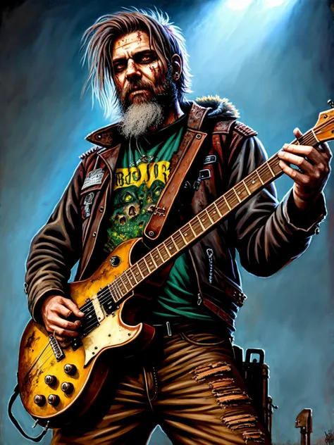 zombie_metal_rocker, playing guitar, postapocalyptic, portrait, beard, (detailed oil painting)