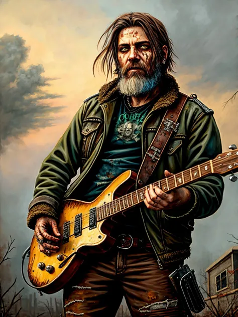 zombie_metal_rocker, playing guitar, postapocalyptic, portrait, beard, (detailed oil painting)