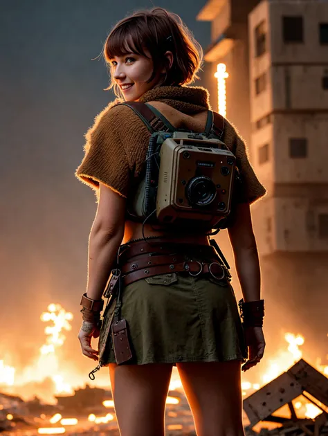 postapocalyptic, full body, Hasselblad, Rembrandt lighting, Sony A9 II, Samsung Galaxy, short young_woman, Bangs hair, smiling, 50mm, Suffering, back-light, miniskirt, looking at viewer