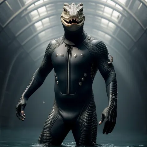 realistic photo of humanoid crocodile posing in bathing alien studded wetsuit, 4k, masterpiece, high quality