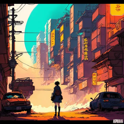 (beautiful woman), postapocalyptic, epic scene,, (Anime Scene, Toonshading, Satoshi Kon, Ken Sugimori, Hiromu Arakawa:1.2), (Anime Style, Manga Style:1.3), Low detail, sketch, concept art, line art, webtoon, manhua, hand drawn, defined lines, simple shades, minimalistic, High contrast, Linear compositions, Scalable artwork, Digital art, High Contrast Shadows, glow effects, humorous illustration, big depth of field, Masterpiece, colors, concept art, trending on artstation, Vivid colors, dramatic