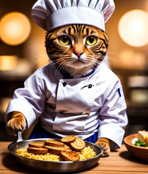 a cat, ((chef outfit)), epic scene, dynamic camera, backlight, (close up:1.2), high quality photography, 3 point lighting, flash with softbox, 4k, Canon EOS R3, hdr, smooth, sharp focus, high resolution, award winning photo, 80mm, f2.8, bokeh