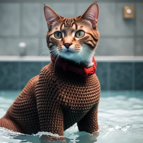 realistic photo of humanoid cat posing in bathing woolen crochet wetsuit, 4k, masterpiece, high quality