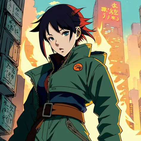 (beautiful woman), postapocalyptic, epic scene,, (Anime Scene, Toonshading, Satoshi Kon, Ken Sugimori, Hiromu Arakawa:1.2), (Anime Style, Manga Style:1.3), Low detail, sketch, concept art, line art, webtoon, manhua, hand drawn, defined lines, simple shades, minimalistic, High contrast, Linear compositions, Scalable artwork, Digital art, High Contrast Shadows, glow effects, humorous illustration, big depth of field, Masterpiece, colors, concept art, trending on artstation, Vivid colors, dramatic