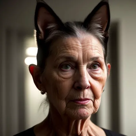 movie my grandma is a humanoid cat lady hybrid, human face, cat ears, big cat eyes, cinematic lighting, 4k 8k HDR