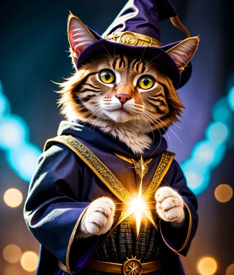 a cat, ((wizard outfit)), epic scene, dynamic camera, backlight, (close up:1.2), high quality photography, 3 point lighting, flash with softbox, 4k, Canon EOS R3, hdr, smooth, sharp focus, high resolution, award winning photo, 80mm, f2.8, bokeh