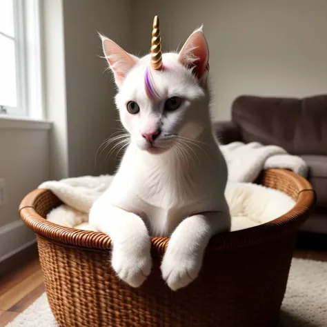 realistic photo of cute pony unicorn cat hybrid, sitting in basket in living room