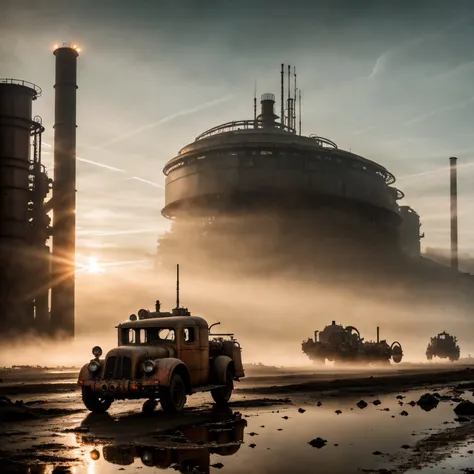 RAW photo, (epic landscape), masterpiece, ((dieselpunk)), futuristic factory, postapocalyptic, smoke, best quality, dynamic pos, ultra detailed, reflective puddles, metal plates, rust, full body, fluid movement, light trail, dramatic lighting, red tone, short_hair, Photorealistic, Hyperrealistic, Hyperdetailed, analog style, detailed skin, matte skin, soft lighting, subsurface scattering, realistic, heavy shadow, masterpiece, best quality, ultra realistic, 8k, High Detail, film photography, soft focus,