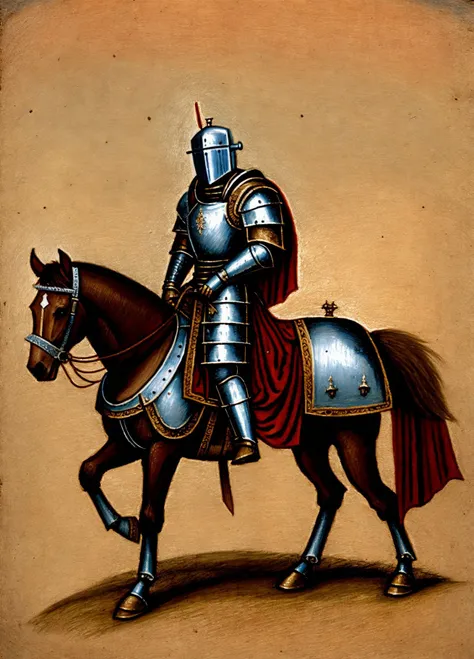 ((medieval drawing)), full body, (medieval robot, knight), riding a horse, shining_metal, rust