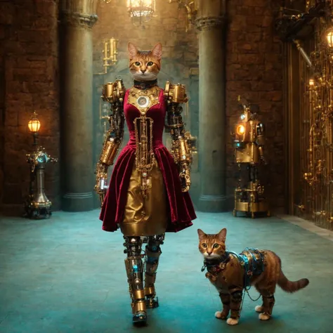 realistic photo of robot with exposed mechanism, cybernetic steampunk mechanical hybrid cat dressed as princess, wearing velvet dress with matched leggings, steel pet collar around neck, inside castle scene, analog film grain, 4k, cinematic