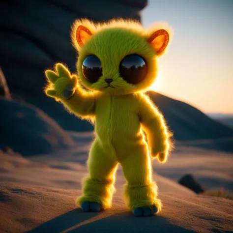 cute adorable alien monster wearing smooth woolen catsuit with paws and gloves, detailed 4k, cinematic, realistic analog film, film grain
