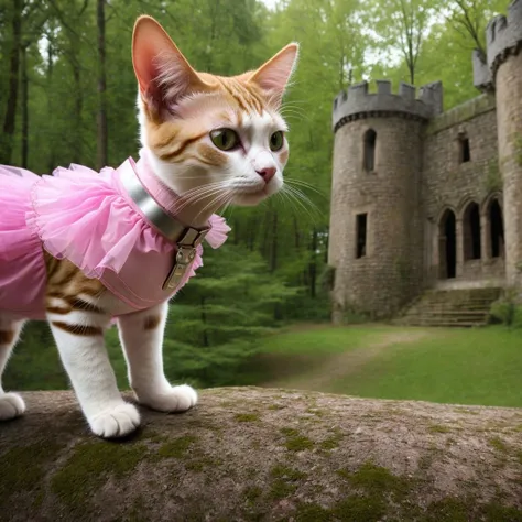 realistic photo of anthro android cat hybrid, wearing pink ballet dress, steel pet collar with attached bell, side view, dark forest scene, castle ruin in the background