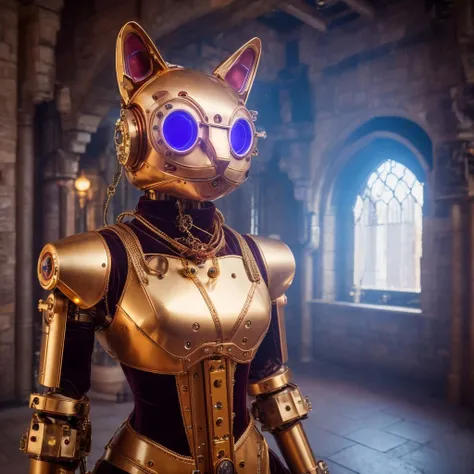 realistic photo of robot with exposed mechanism, cybernetic steampunk mechanical hybrid cat dressed as princess, wearing velvet dress with matched leggings, steel pet collar around neck, inside castle scene, analog film grain, 4k, cinematic