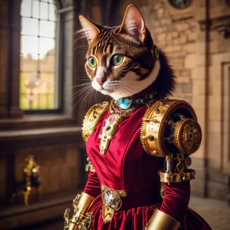 realistic photo of robot with exposed mechanism, cybernetic steampunk mechanical hybrid cat dressed as princess, wearing velvet dress with matched leggings, steel pet collar around neck, inside castle scene, analog film grain, 4k, cinematic