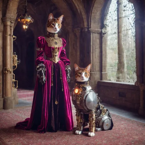 realistic photo of robot with exposed mechanism, cybernetic steampunk mechanical hybrid cat dressed as princess, wearing velvet dress with matched leggings, steel pet collar around neck, inside castle scene, analog film grain, 4k, cinematic