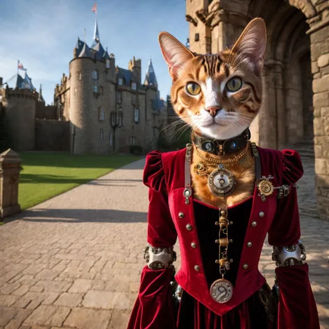 realistic photo of robot with exposed mechanism, cybernetic steampunk mechanical hybrid cat dressed as princess, wearing velvet dress with matched leggings, steel pet collar around neck, inside castle scene, analog film grain, 4k, cinematic